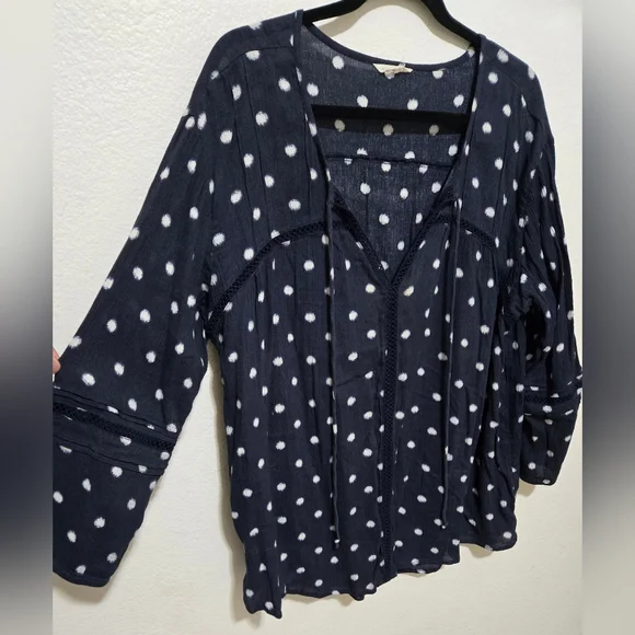 CASLON Blue Boho Blouse White Polka Dots Long Sleeves Size XL - Picture 2 of 12